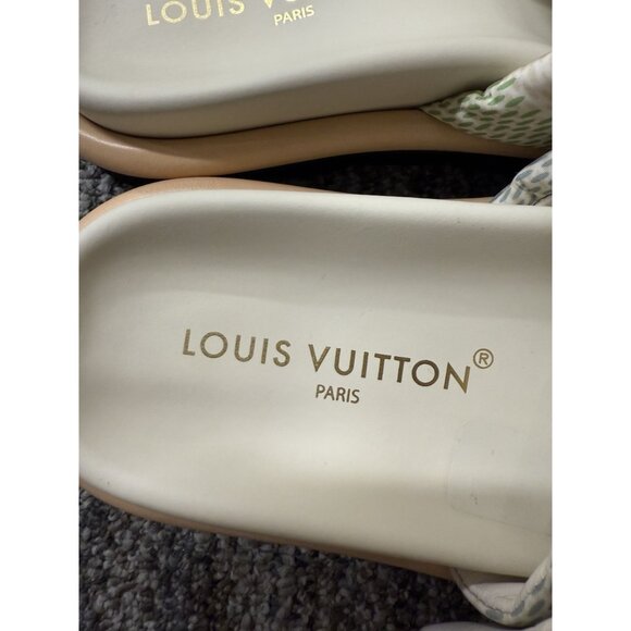 Louis Vuitton Womens Checkered Slide Sandals Beige/Green/Blue Size 38 - Picture 6 of 10